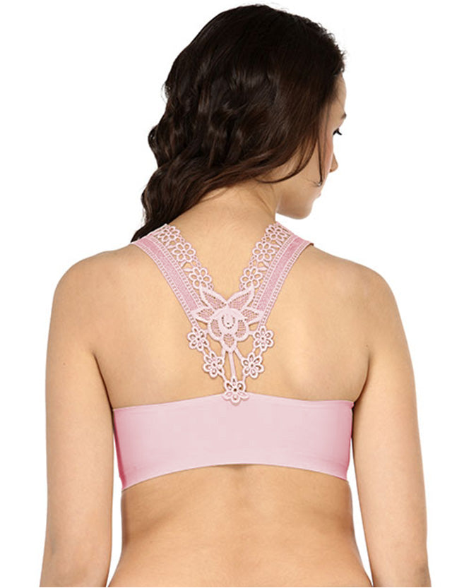 Pink Floral Lace Back Padded Crop Top Bra